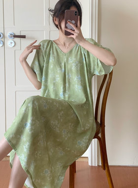 复古国风短袖碎花棉绸睡裙女夏季V领绿色中长款薄款可外穿家居服