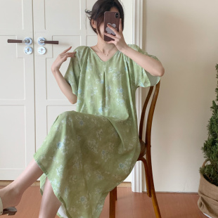薄款 V领绿色中长款 可外穿家居服 碎花棉绸睡裙女夏季 复古国风短袖