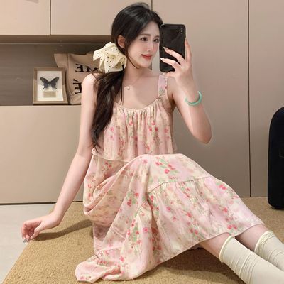 吊带防凸点睡裙女夏季薄款绵绸睡衣家居服大码青少年人造棉绸裙子