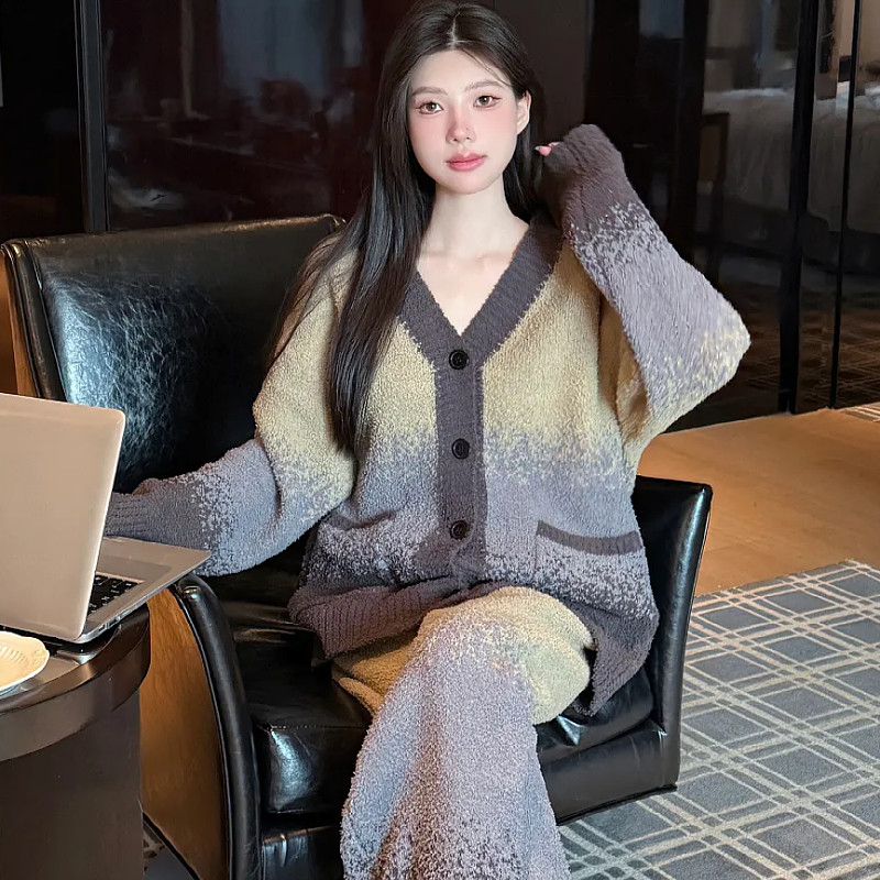半边绒睡衣女秋冬季新款绒绒针织开衫居家服套装可外穿日韩清冷感
