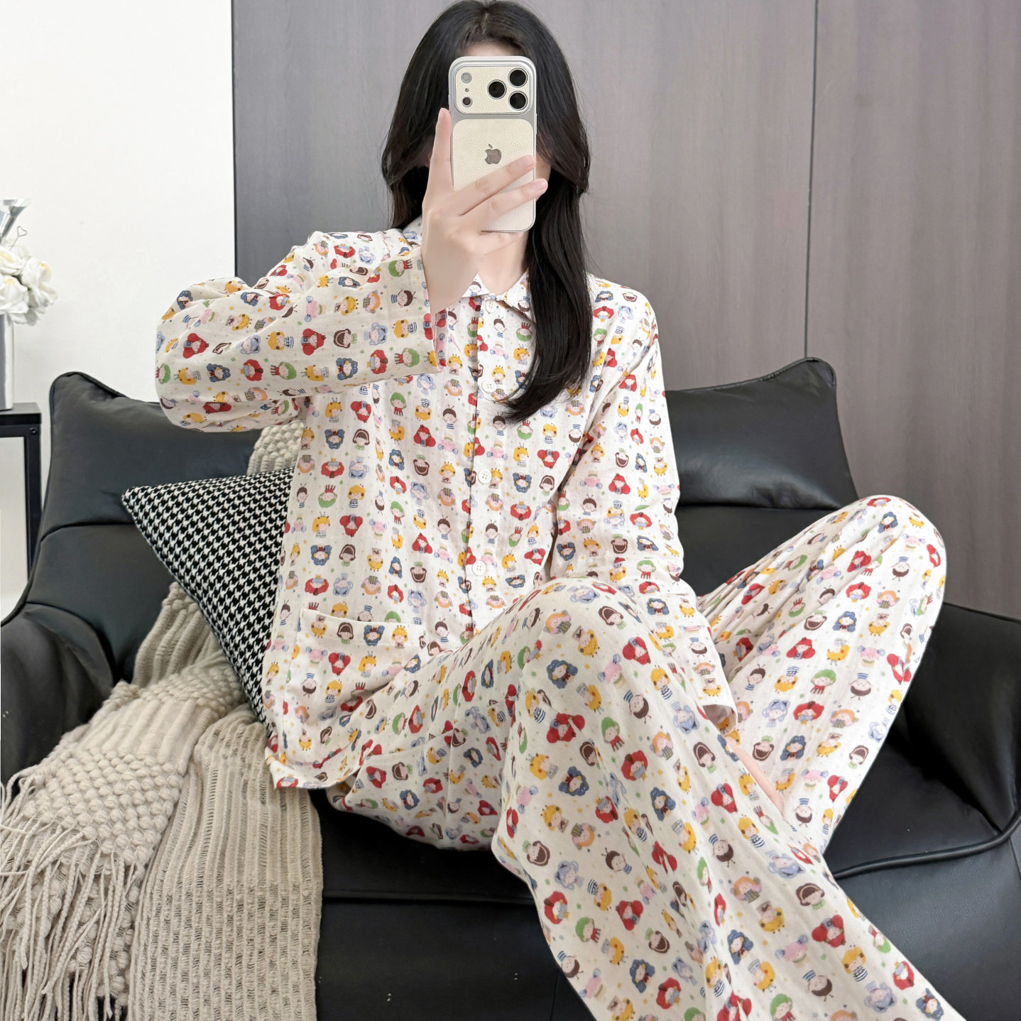 秋季全棉韩系卡通睡衣女长袖开衫娃娃领双层纱布可外穿家居服套装