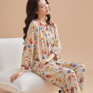 夏天棉绸睡衣女春秋季棉绸可外穿凉快宽松人造棉中老年家居服套装