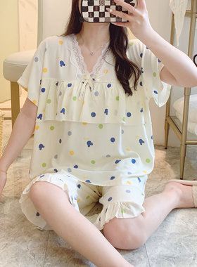 棉绸睡衣女防凸点春夏季薄款短袖中裤人棉套装人造棉可外穿家居服
