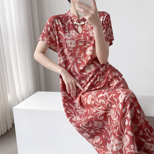 新款夏季女士棉绸旗袍连衣裙可外穿中长款系带中式家居服薄款睡裙
