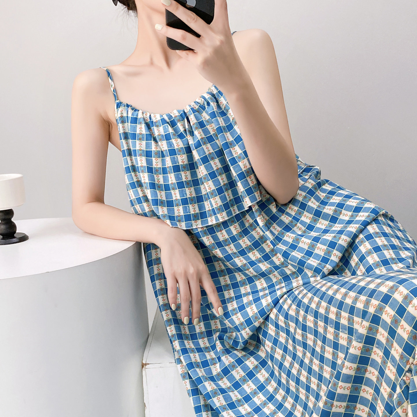 夏季吊带裙棉绸加长款防凸点睡裙格子小花甜美连衣裙可外穿内搭裙图片