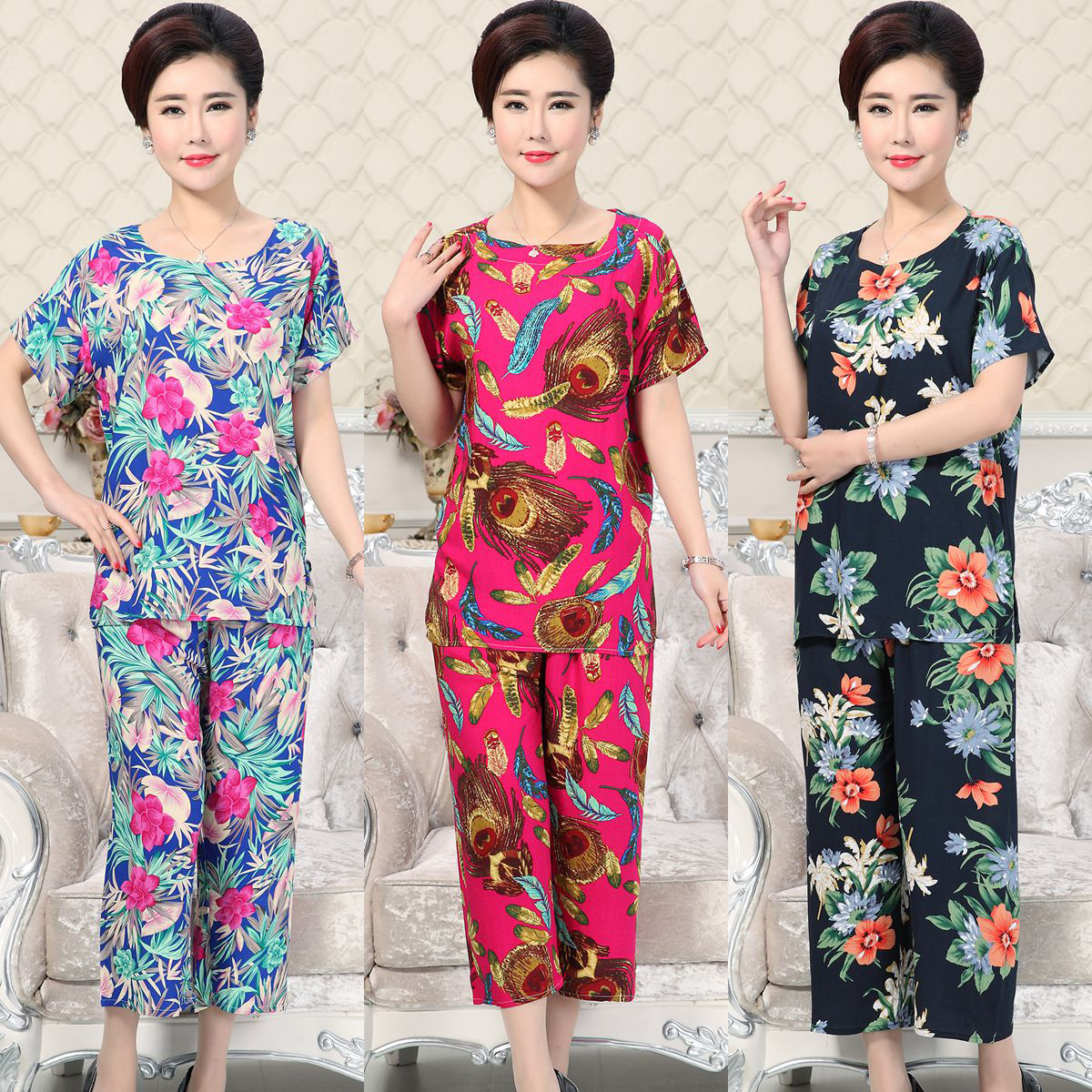 夏季中老年人造棉套装短袖加大码纯棉女睡衣加