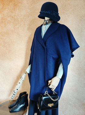 意大利调货Armani Collezioni皇家蓝羊毛羊绒双面呢斗篷式大衣