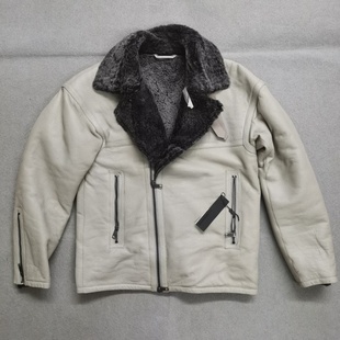 德国采购新品LINDEBERG羊皮毛一体灰色男修身机车皮夹克加厚皮衣