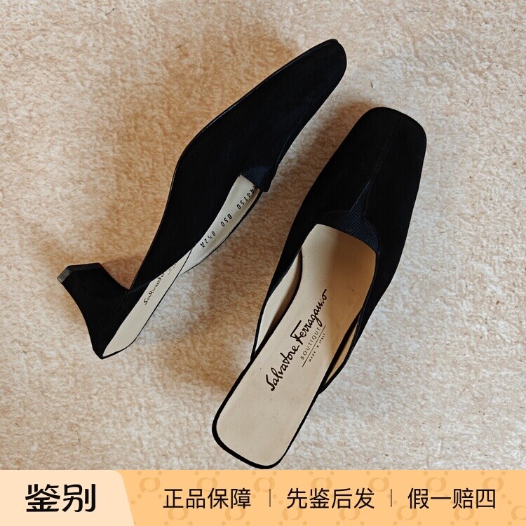 美国调货Ferragamo方头黑色磨砂皮极简优雅中跟浅口穆勒拖