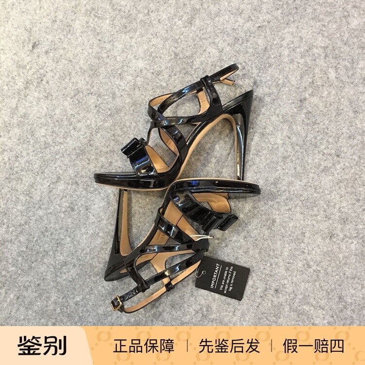 英国黑色漆皮蝴蝶结高跟凉鞋