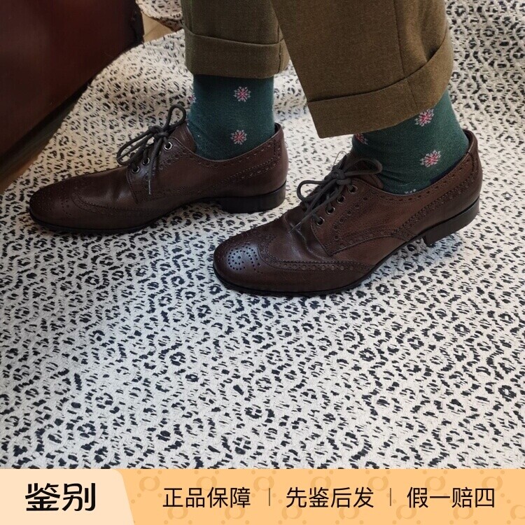 德国采购新品PRADA普拉达深棕色70复古男士布洛克雕花德比单皮鞋