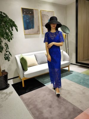 英国采购新品Diane Von Furstenberg女DVF蓝蕾丝直筒连衣裙连身裙