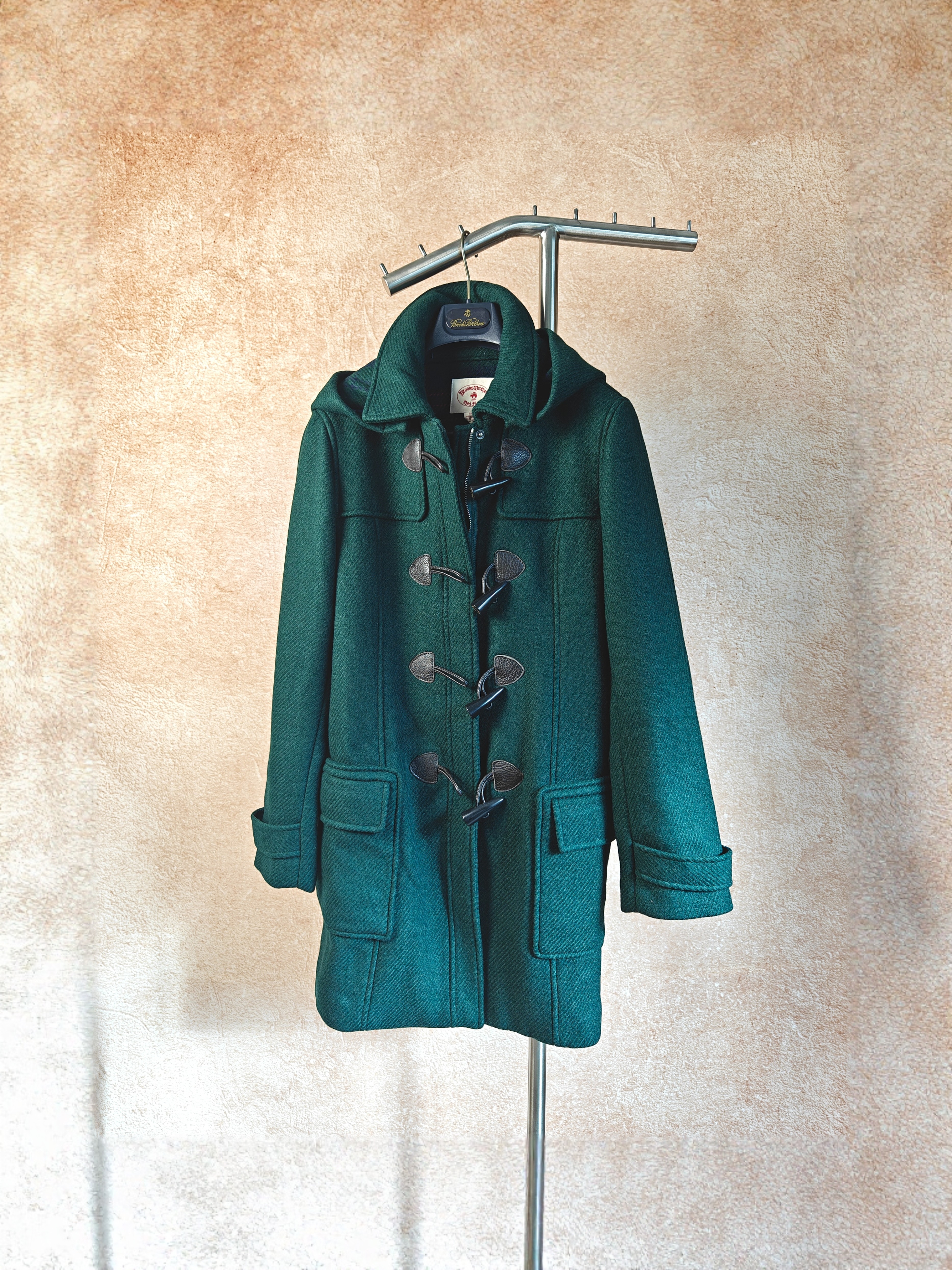 美国调货BrooksBrothers森林绿牛角扣羊毛混纺女士连帽羊毛大衣