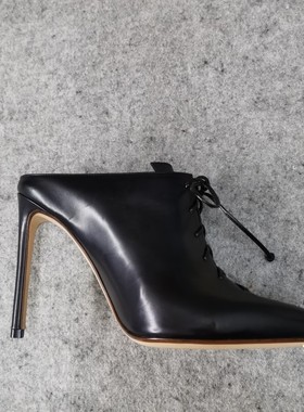 美国调货FRANCESCO RUSSO黑软面皮深口尖头女士绑带超高跟穆勒鞋