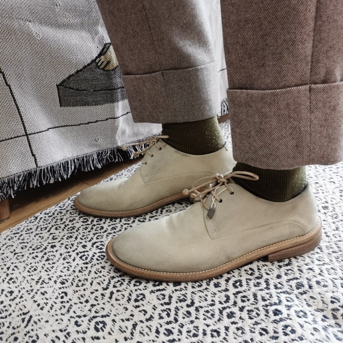 德国采购Marsell米色磨砂皮做旧复古平底中性圆头单皮鞋德比鞋