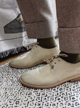 德国采购Marsell米色磨砂皮做旧复古平底中性圆头单皮鞋德比鞋