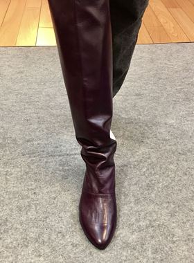 英国采购新上Georgina Goodman茄紫色软羊皮女尖头复古平底长筒靴