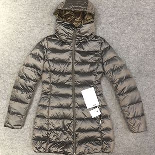 德国FEYEM灰色高立领连帽修身中长款女士排骨羽绒服外套大衣