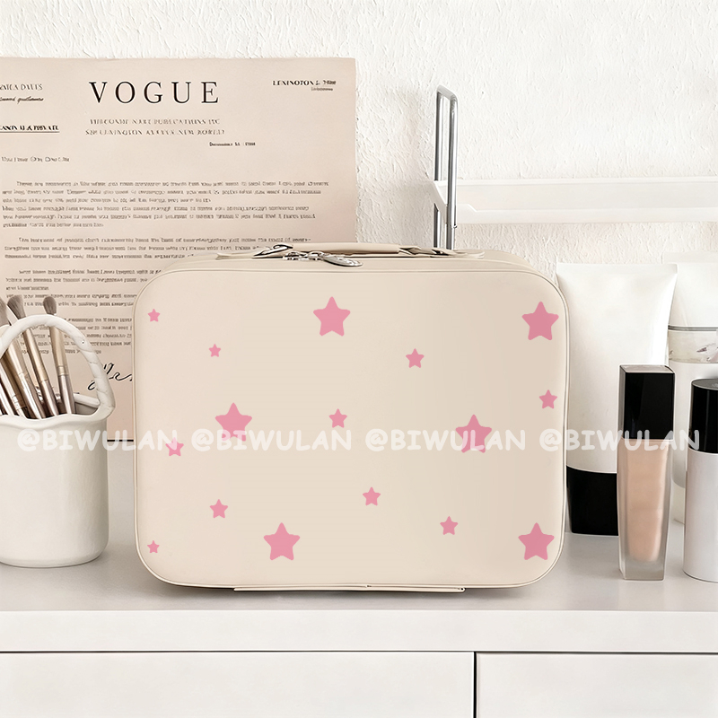 粉色星星化妆包便携带镜子化妆箱大容量化妆品收纳包旅行手提箱