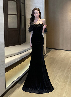 黑色抹胸名媛长裙气质车模年会性感鱼尾裙拖地晚装露背夜场连衣裙