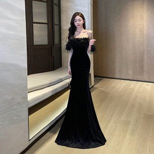 黑色抹胸名媛长裙气质车模年会性感鱼尾裙拖地晚装 露背夜场连衣裙