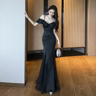 优雅气质吊带长裙露肩黑色晚礼服法式名媛范连衣裙年会模特晚装裙