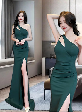 性感露肩斜领修身开叉礼服长裙墨绿色气质仙女晚装走秀车模连衣裙