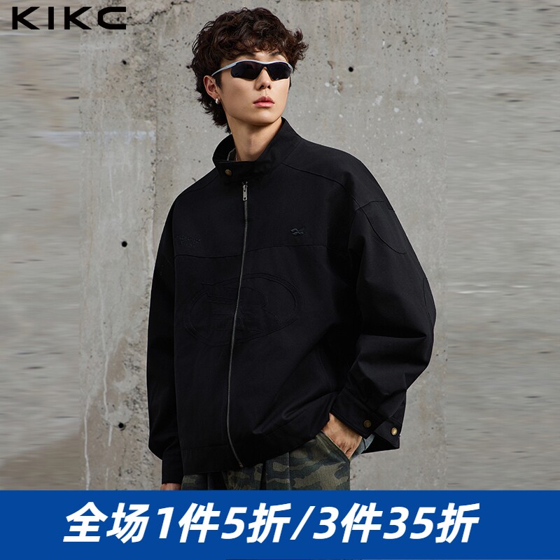 KIKC 男外套2025秋夹克外套绣花宽松休闲立领舒适通勤潮流机车服