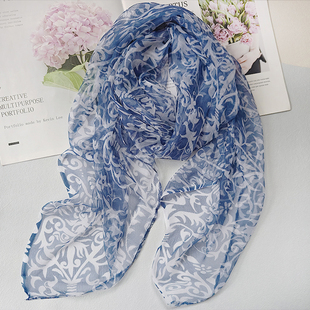 75*100青花瓷2026新款丝巾女桑蚕丝春秋季真丝围脖防晒护颈薄纱巾