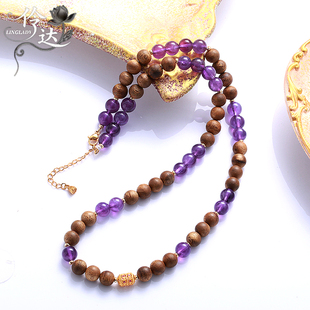 紫水晶木质串珠项链女时尚 小众吊坠链饰品