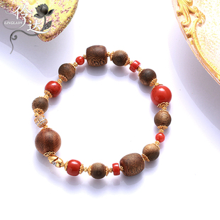 沉香手串木质红玛瑙金珠装 饰文玩佛珠手链饰品