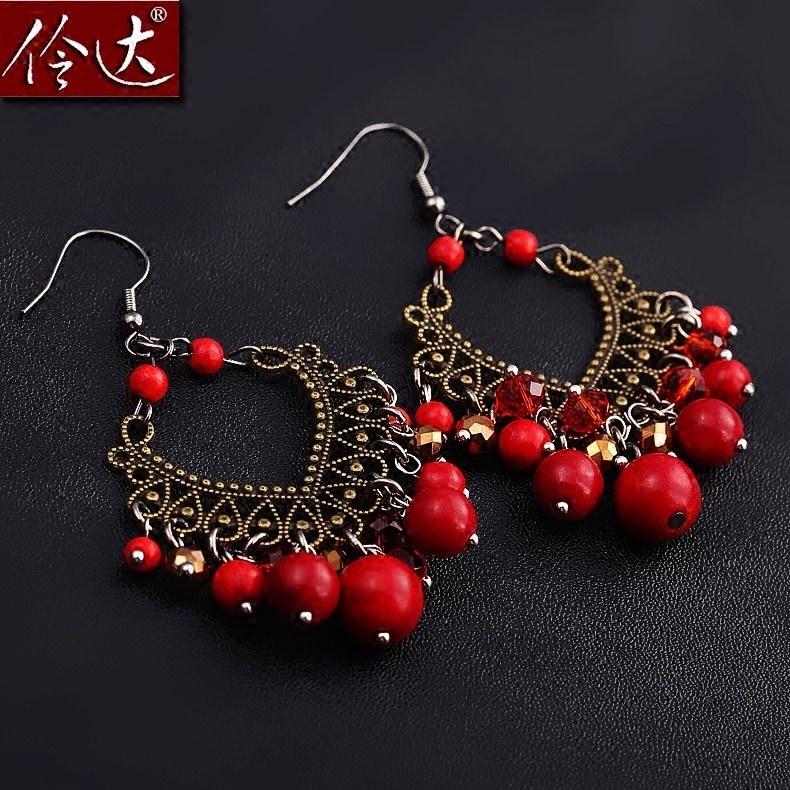 饰品欧美复古红色耳坠耳环旗袍配饰手工民族风耳夹穿旗袍配的耳环