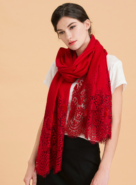 高端红色披肩100%羊毛围巾礼品女中国红蕾丝绣花边喜婆婆婚礼外搭