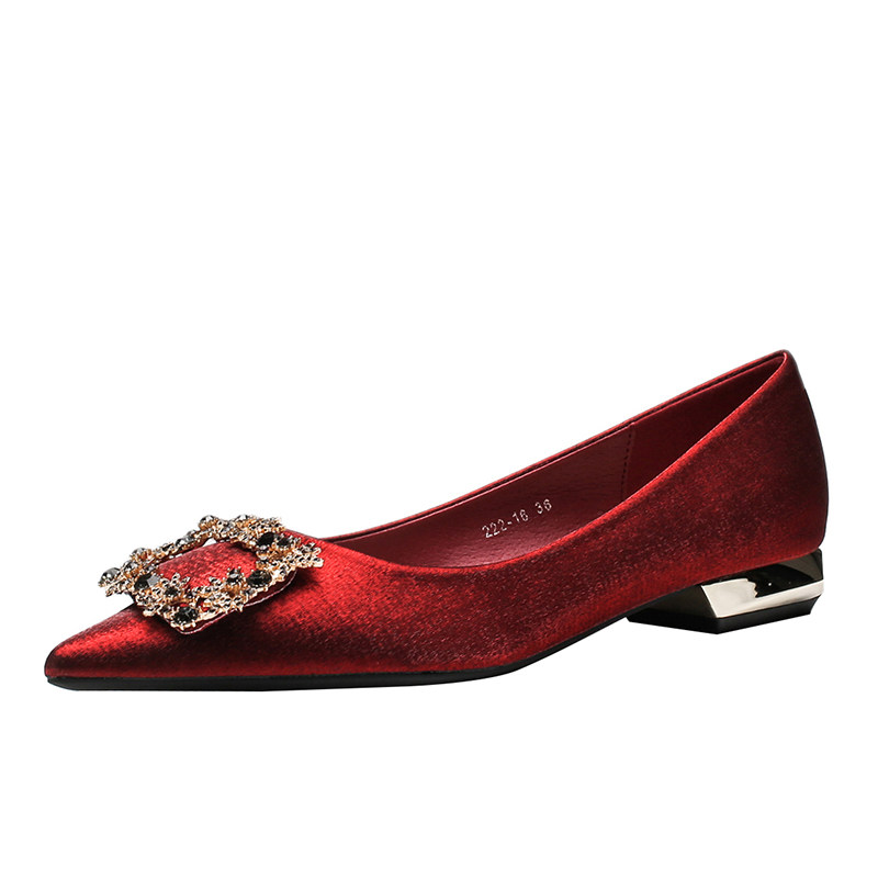 RHINESTONE RED WEDDING SHOES WOMENS SATIN FLAT BLOCK HEEL XIUHE BRIDAL SHOES LOW HEEL PREGNANT WOMEN DO NOT GET TIRED FEET