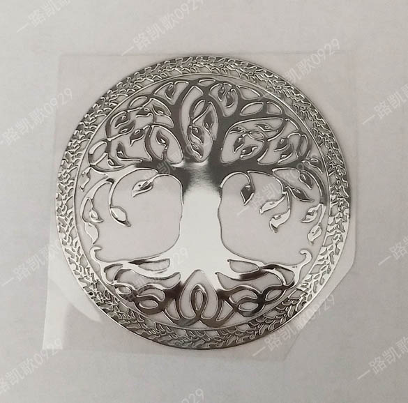 生命之树图案滴胶金字塔材料铜质超薄手机金属贴银色