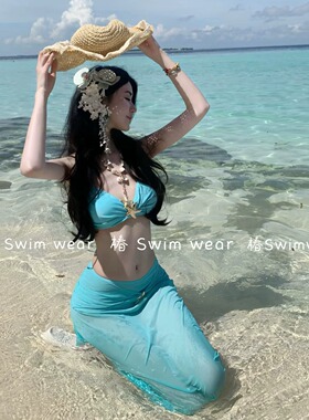 新款湖蓝色显白分体纯欲辣妹性感比基尼网纱长裙海岛度假温泉泳衣