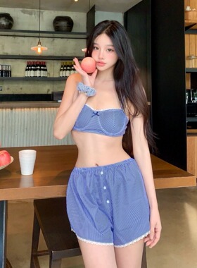 2025新款法式复古蓝色条纹分体保守短裤小胸聚拢海岛温泉度假泳衣