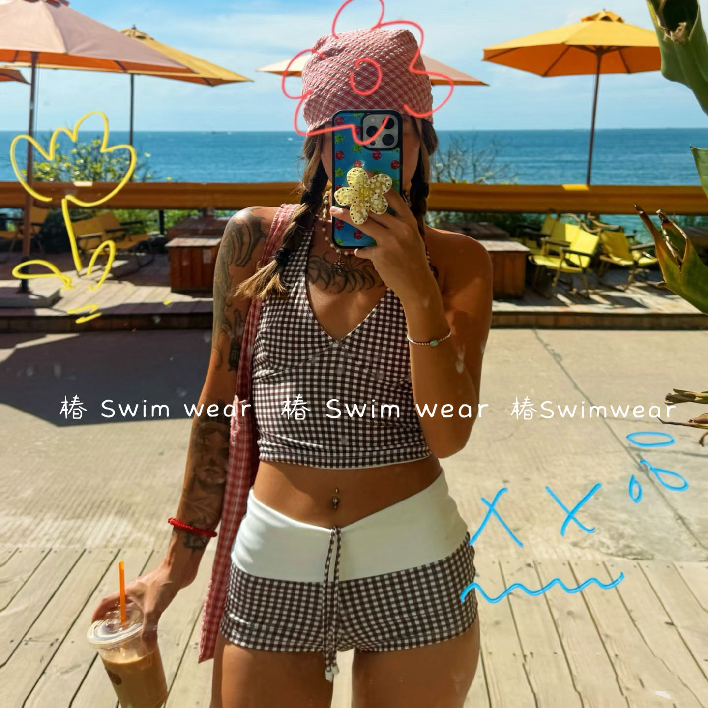 新款纯欲性感辣妹棕色格子深V分体保守平角裤海岛度假泡温泉泳衣