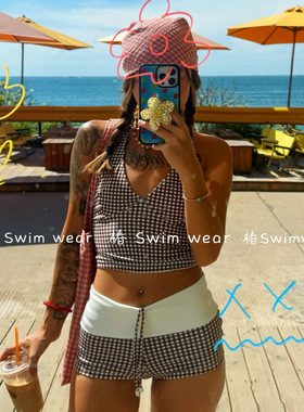 新款纯欲性感辣妹棕色格子深V分体保守平角裤海岛度假泡温泉泳衣