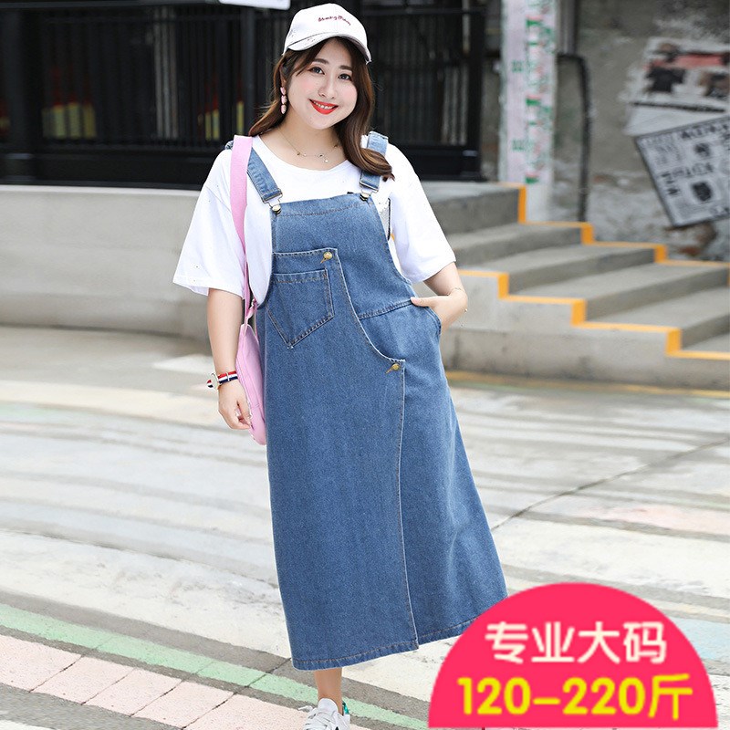 2019夏季新款胖mm200斤胖人服饰加大码女装韩版牛仔背带裙显瘦潮
