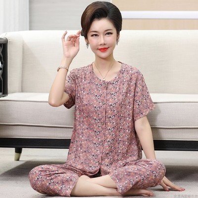 中老年妈妈睡衣女夏季棉绸开衫