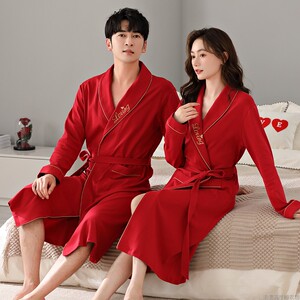 结婚睡衣女春秋纯棉长袖情侣睡袍男女浴衣浴袍时尚大红喜庆家居服