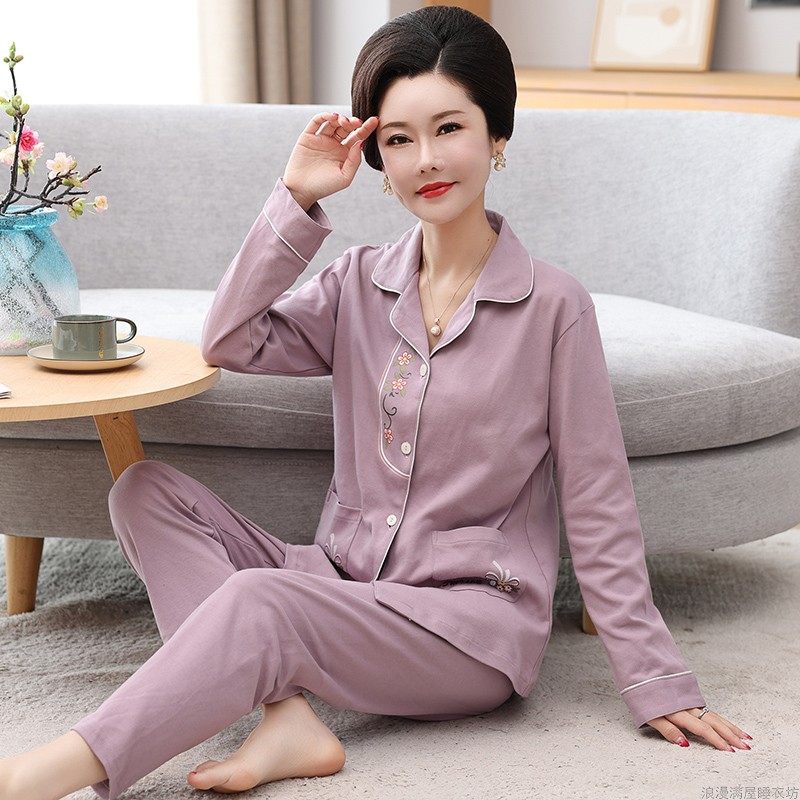 中年妈妈睡衣女春秋季纯棉长袖女款老人可外穿高档大码家居服套装