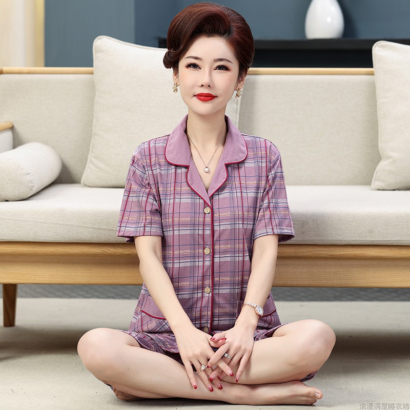 睡衣女夏款纯棉短袖韩版女装格子全棉妈妈大码可外穿家居服套装夏