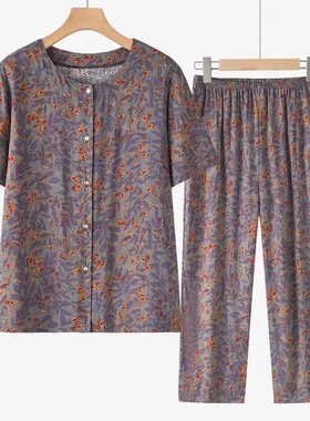 中老年睡衣女夏纯棉棉绸短袖妈妈开衫居家休闲外穿绵绸家居服套装
