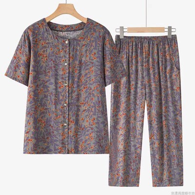 中老年睡衣女夏纯棉棉绸短袖妈妈开衫居家休闲外穿绵绸家居服套装