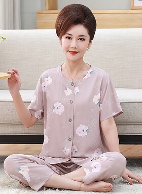 中老年妈妈睡衣女夏纯棉棉绸短袖开衫女装居家休闲外穿家居服套装