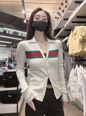 Calvin Klein CK女士新款翻领纯棉修身纽扣针织长袖开衫毛衣CW490