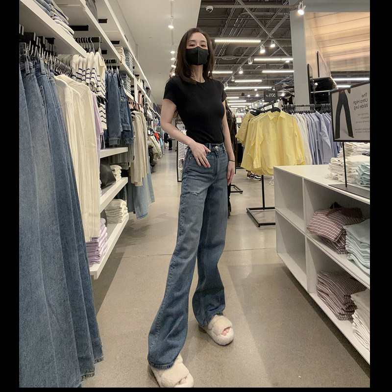 CK女士中腰微磨破阔腿牛仔裤