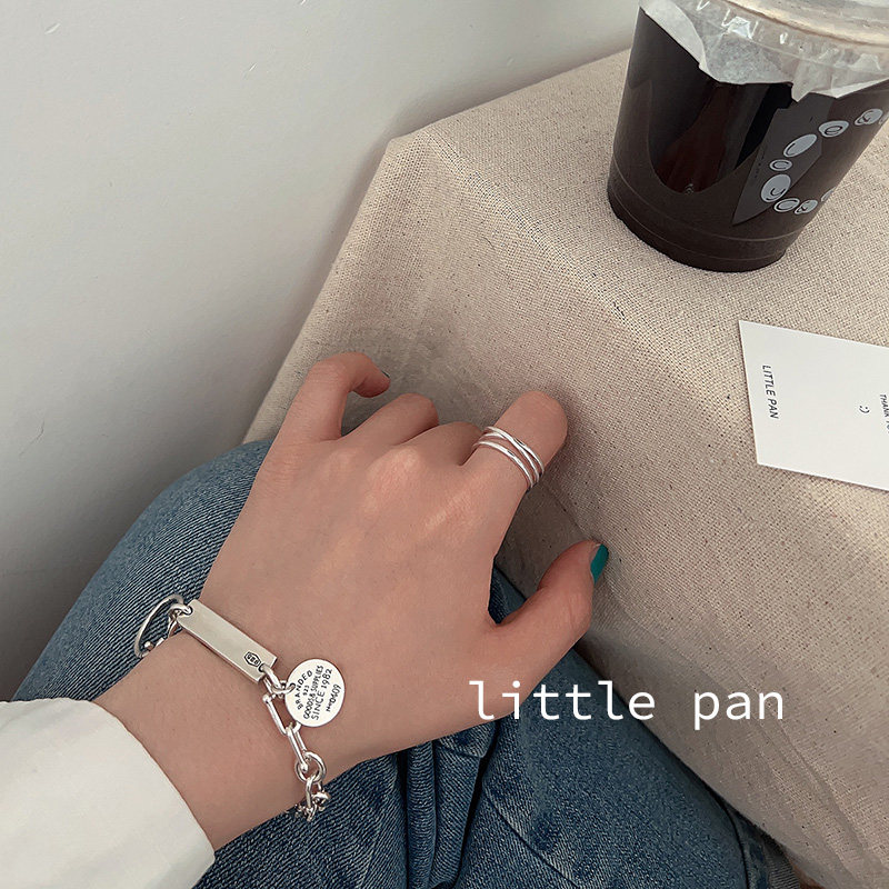 925纯银手链女韩国ins风小众设计重工字母圆牌银块马蹄扣链条手镯